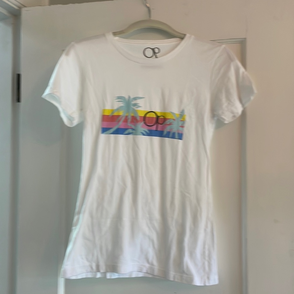 70s Surf OP tee with palms and rainbow stripe